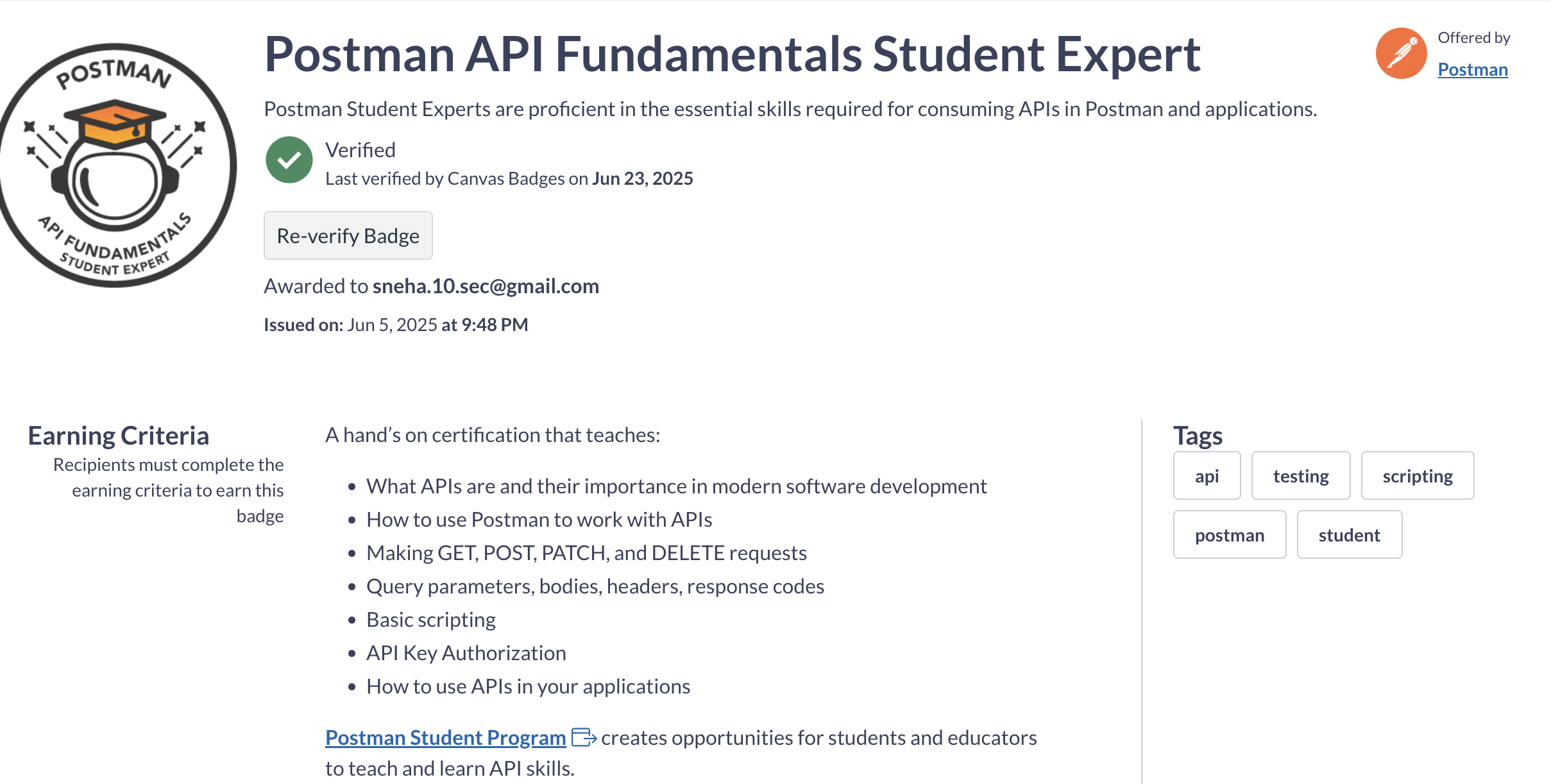 Postman API Fundamentals Student Expert Certificate